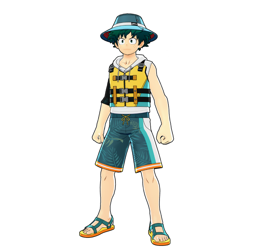 Izuku's beach trip outfit.
Even heroes need a break to soak up the sun with the crew.