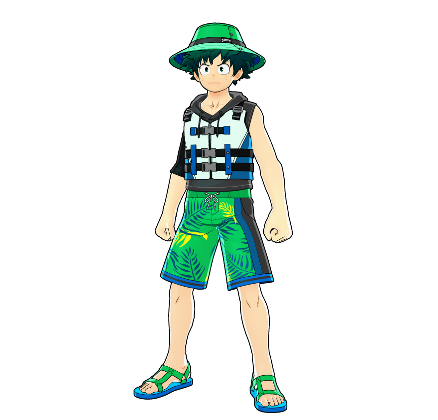 Izuku's beach trip outfit.
Even heroes need a break to soak up the sun with the crew.