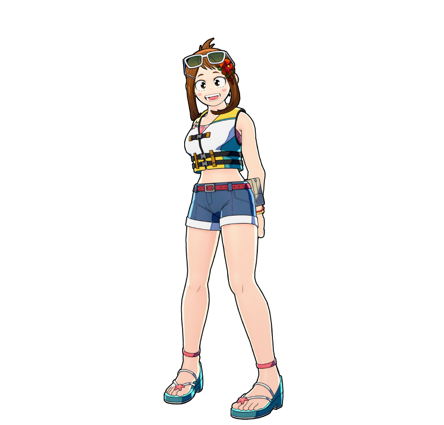 Ochaco's beach day outfit.
One glance and all the fun memories come rushing back... Surf's up!