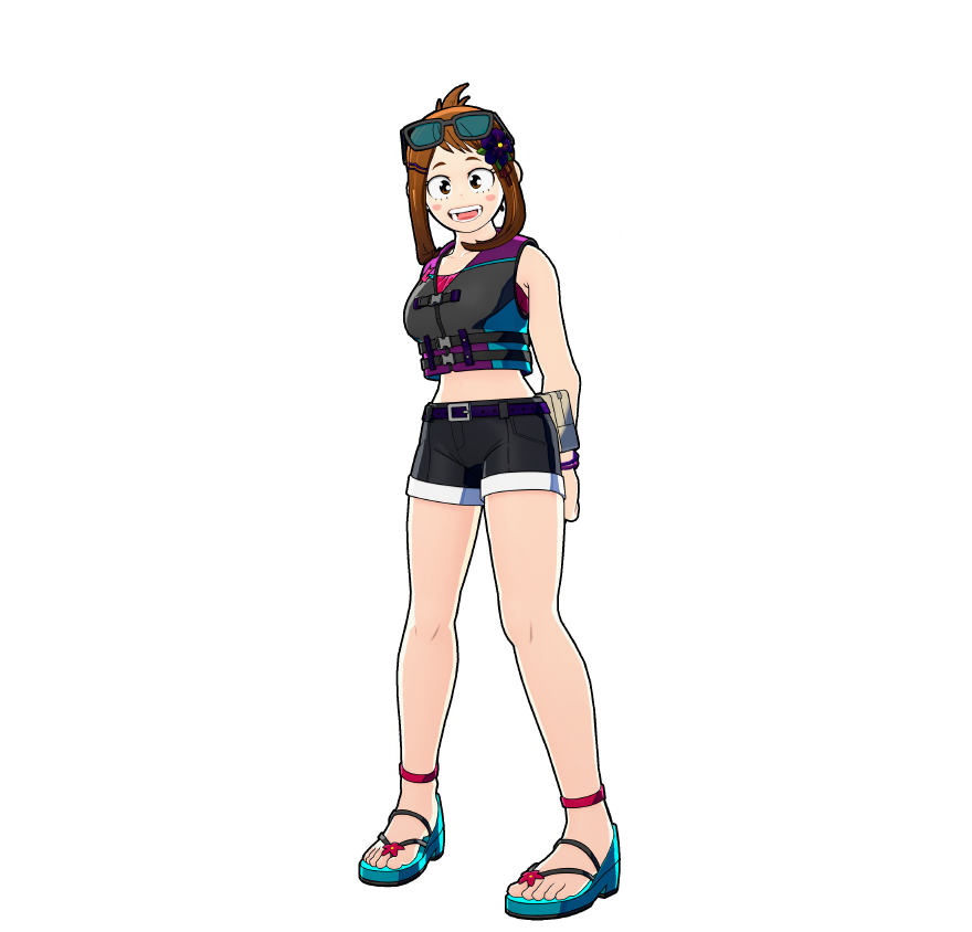 Ochaco's beach day outfit.
One glance and all the fun memories come rushing back... Surf's up!