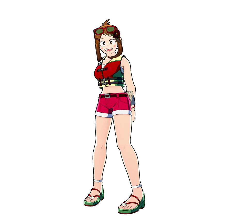 Ochaco's beach day outfit.
One glance and all the fun memories come rushing back... Surf's up!