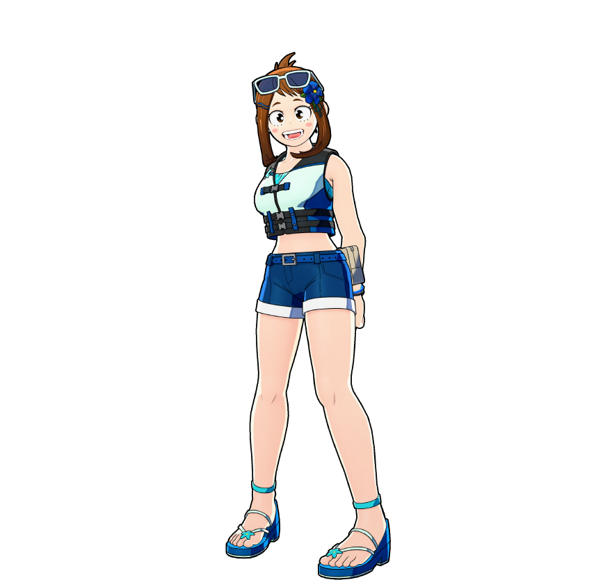 Ochaco's beach day outfit.
One glance and all the fun memories come rushing back... Surf's up!