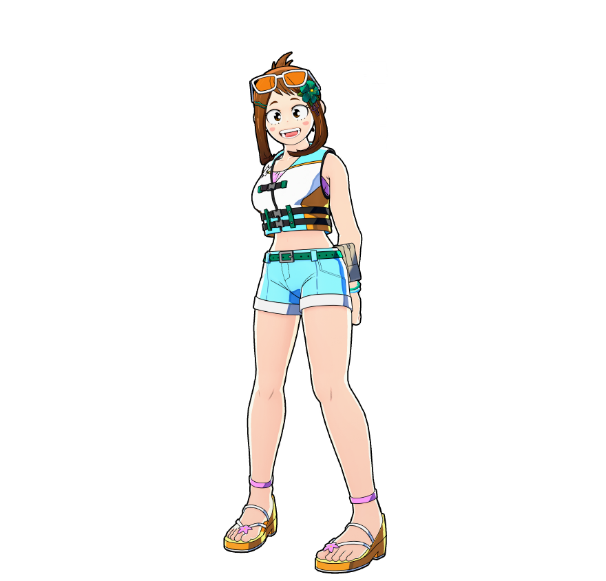 Ochaco's beach day outfit.
One glance and all the fun memories come rushing back... Surf's up!