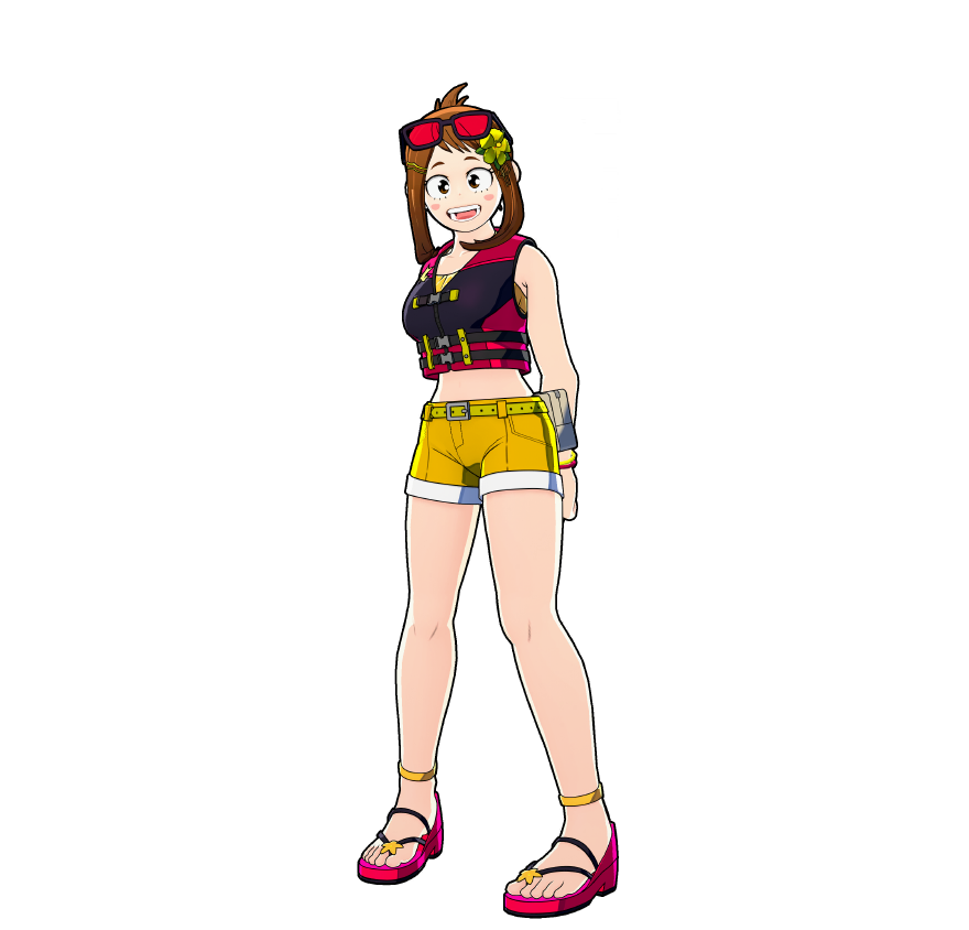 Ochaco's beach day outfit.
One glance and all the fun memories come rushing back... Surf's up!